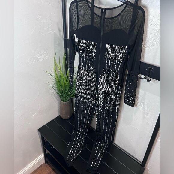 Jumpsuit Embellished W/ Rhinestones Black Mesh Size Medium - Picture 10 of 16